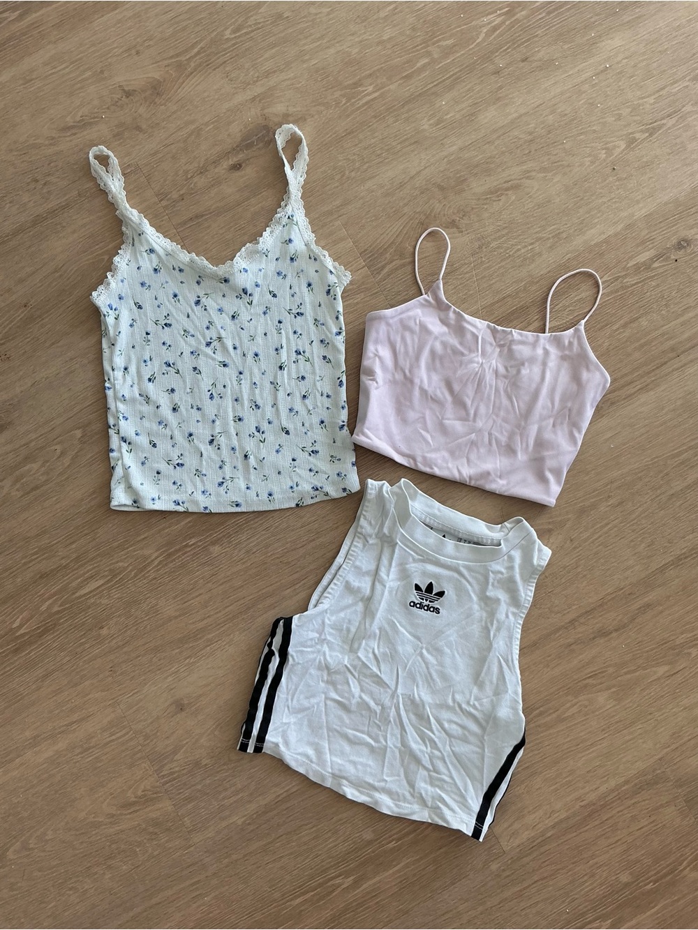 x3 crop top lot set - adidas garage H&M XXS and XS white pink floral cami lace